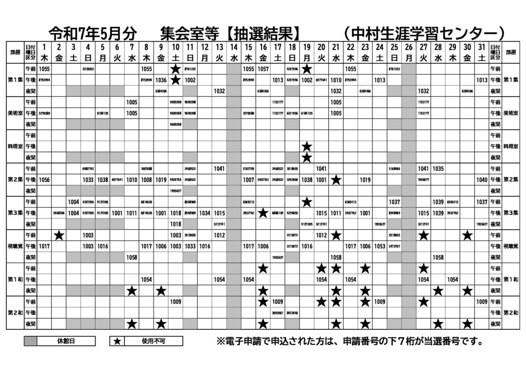 令和7年5月利用分　集会室抽選結果A3（中村生涯）のサムネイル